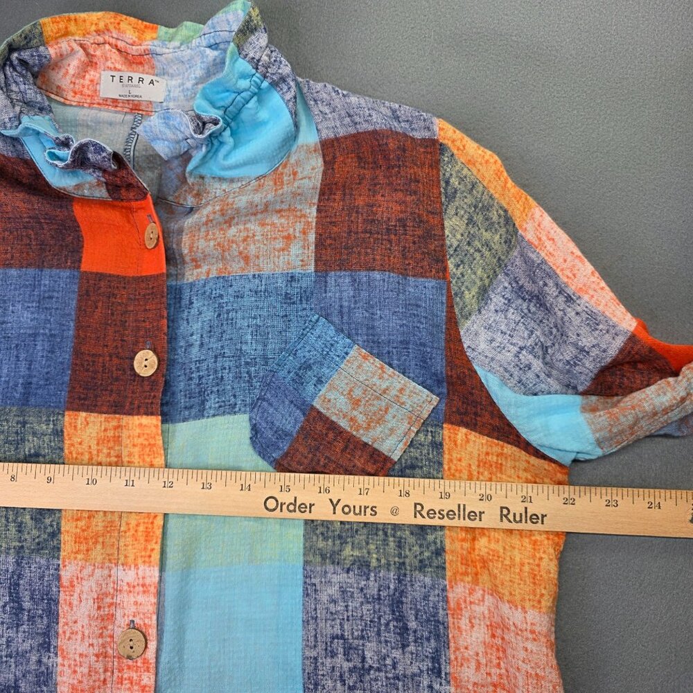 Terra Shirt Womens L Colorful Patchwork Wire Ruffle Collar Boho Tunic SJ Apparel - Picture 11 of 15